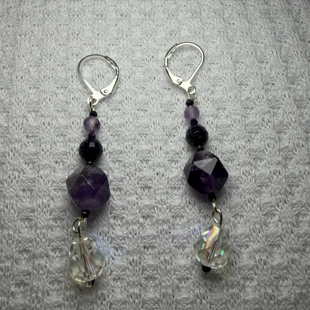 Amethyst, Purple Goldstone & Crystal Dangle Earrings